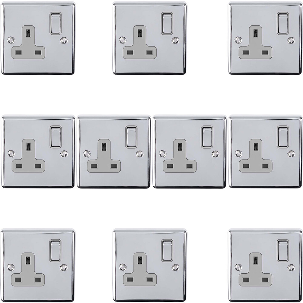 10 PACK 1 Gang Single UK Plug Socket POLISHED CHROME 13A Switched GREY Trim