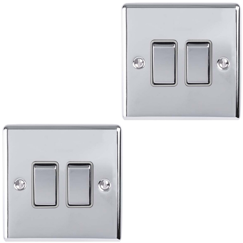 2 PACK 2 Gang Double Metal Light Switch POLISHED CHROME 2 Way 10A GREY Trim