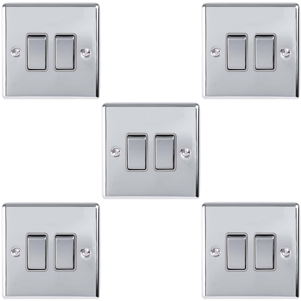 5 PACK 2 Gang Double Metal Light Switch POLISHED CHROME 2 Way 10A GREY Trim