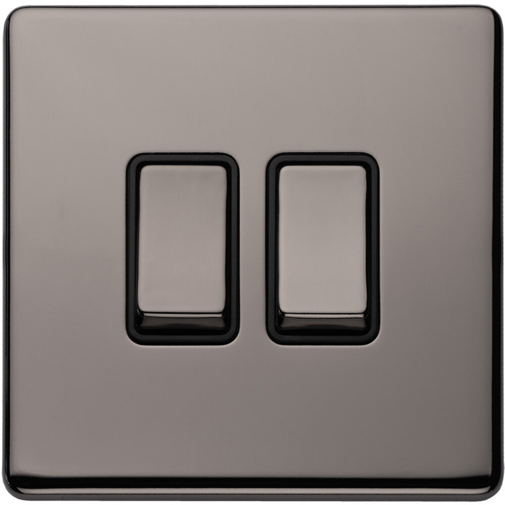 Loops 2 Gang Single Light Switch Screwless Black Nickel 2 Way 10A Metal Rocker Slim