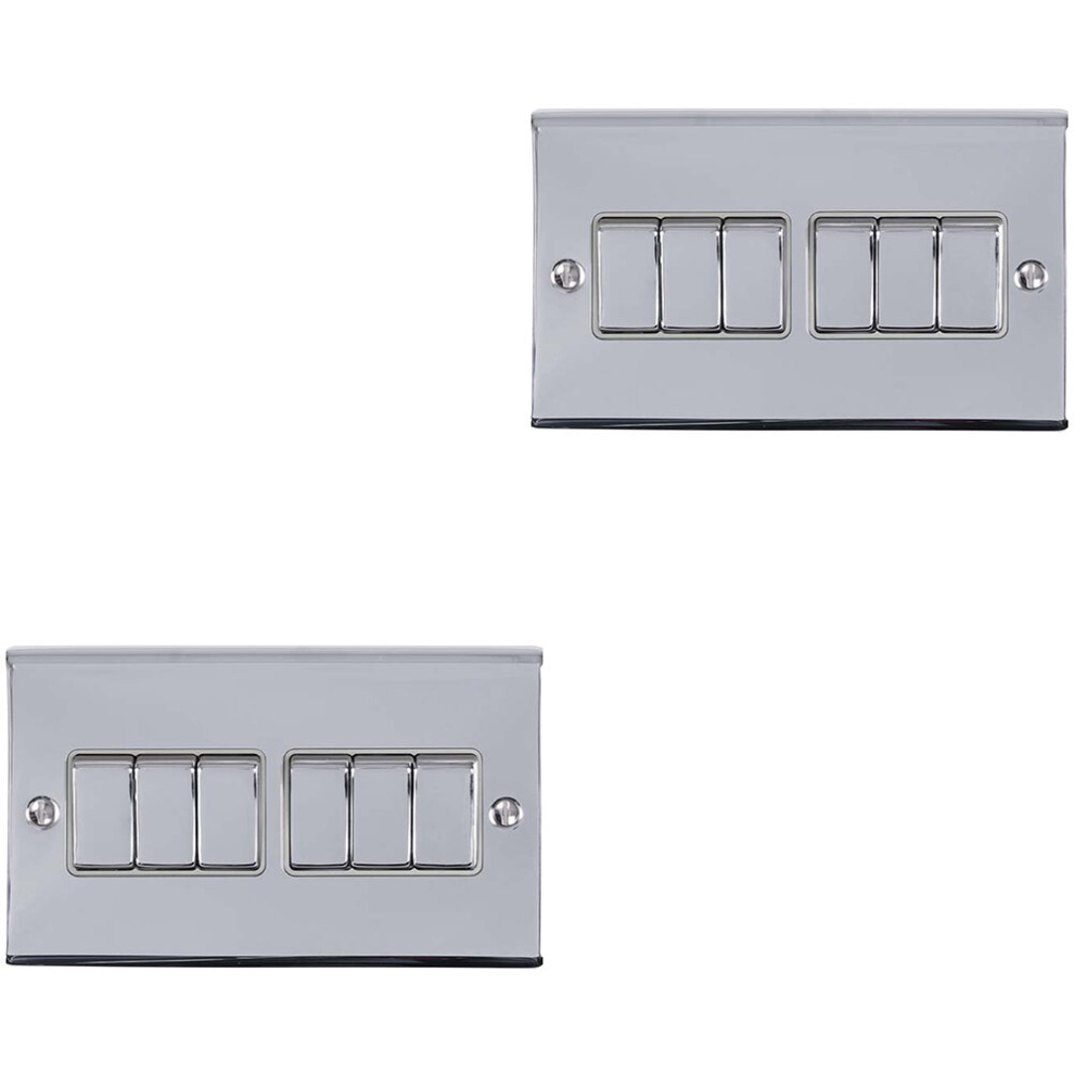 2 PACK 6 Gang Metal Multi Light Switch POLISHED CHROME 2 Way 10A GREY Trim