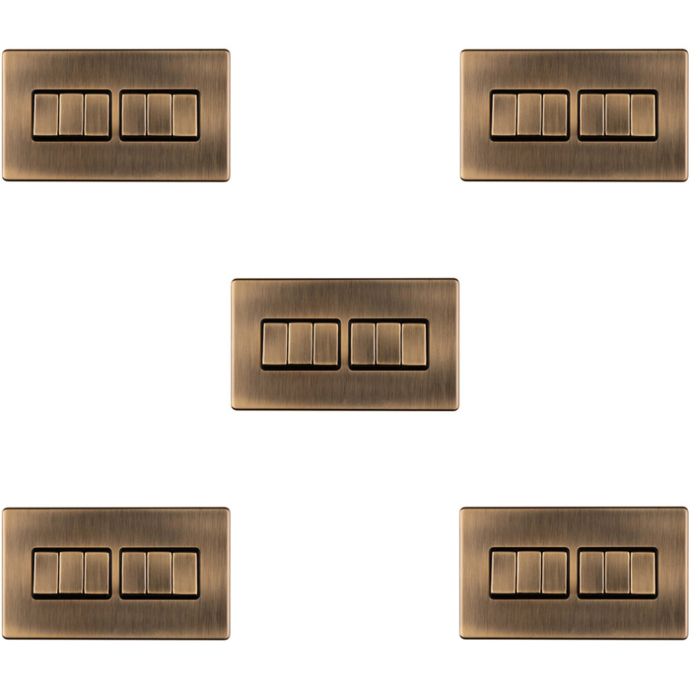 5 PACK 6 Gang Multi Light Switch SCREWLESS ANTIQUE BRASS 2 Way 10A Slim Rocker