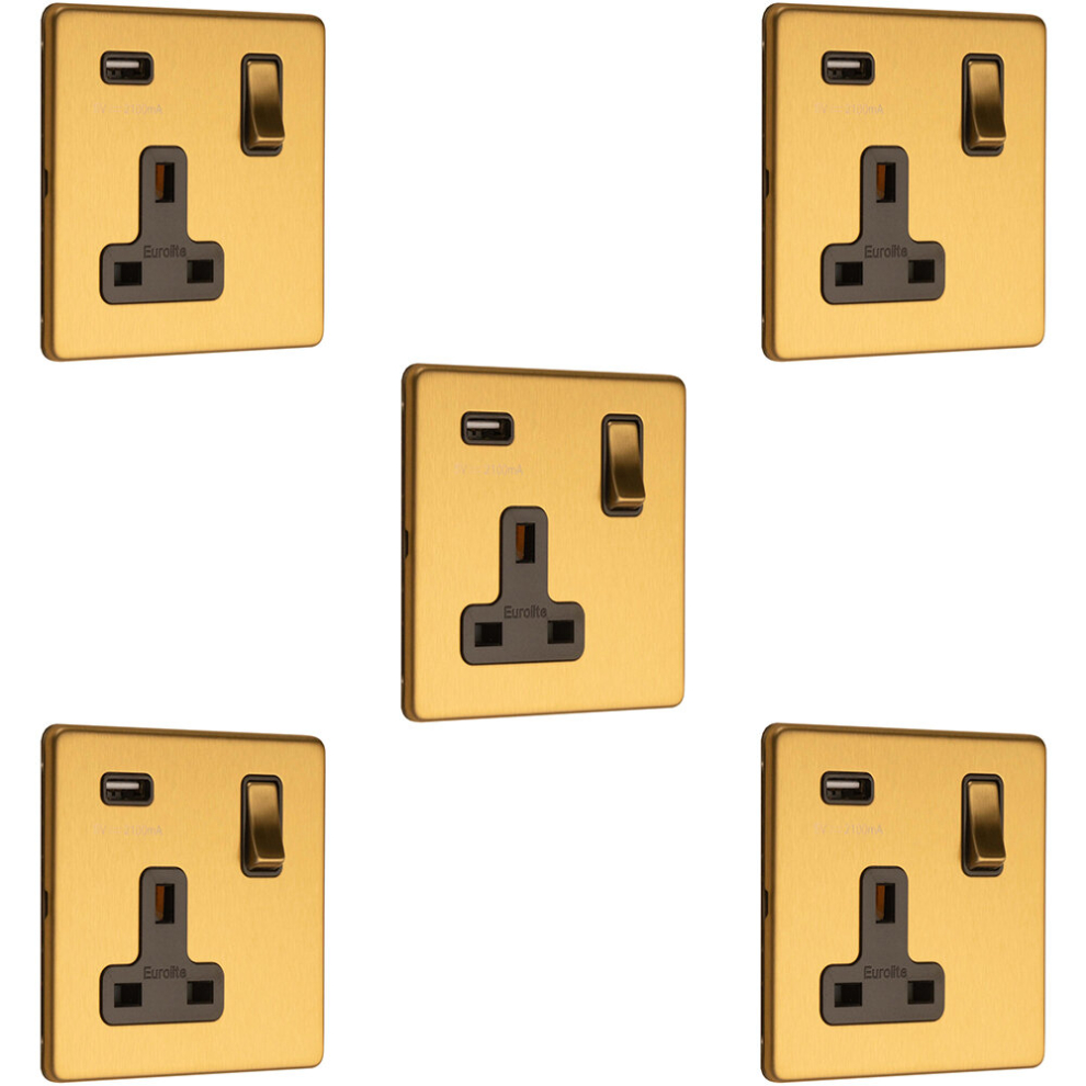 5 PACK 1 Gang Single 13A UK Plug Socket & 2.1A USB-A SCREWLESS SATIN BRASS