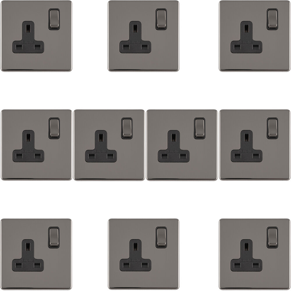 10 PACK 1 Gang DP 13A Switched UK Plug Socket SCREWLESS BLACK NICKEL Wall Power