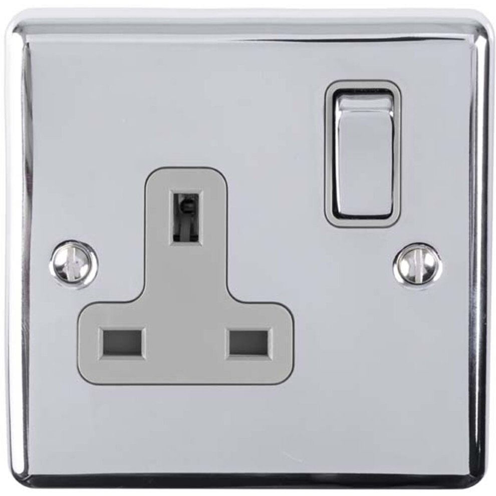 1 Gang Single Uk Plug Socket Polished Chrome & Grey 13A Switched Power Outlet 5056581967589