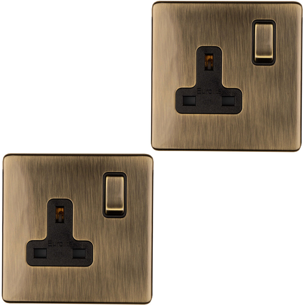 2 PACK 1 Gang DP 13A Switched UK Plug Socket SCREWLESS ANTIQUE BRASS Wall Power