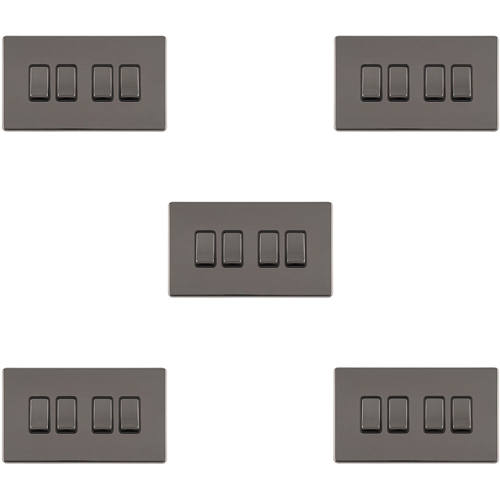 5 PACK 4 Gang Quad Light Switch SCREWLESS BLACK NICKEL 2 Way 10A Slim Rocker