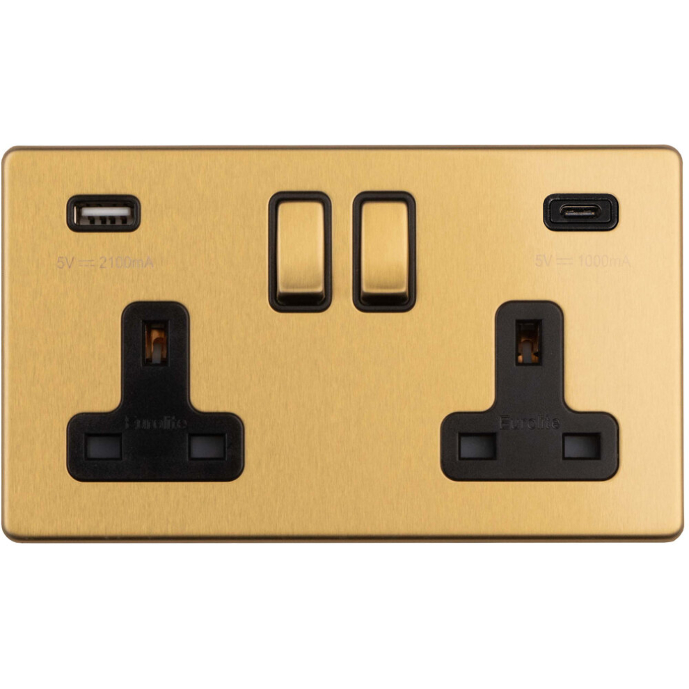 2 Gang Double 13A Uk Plug Socket & 2X 3.1A Usb-C & Usb-A Screwless Satin Brass 5056581973573