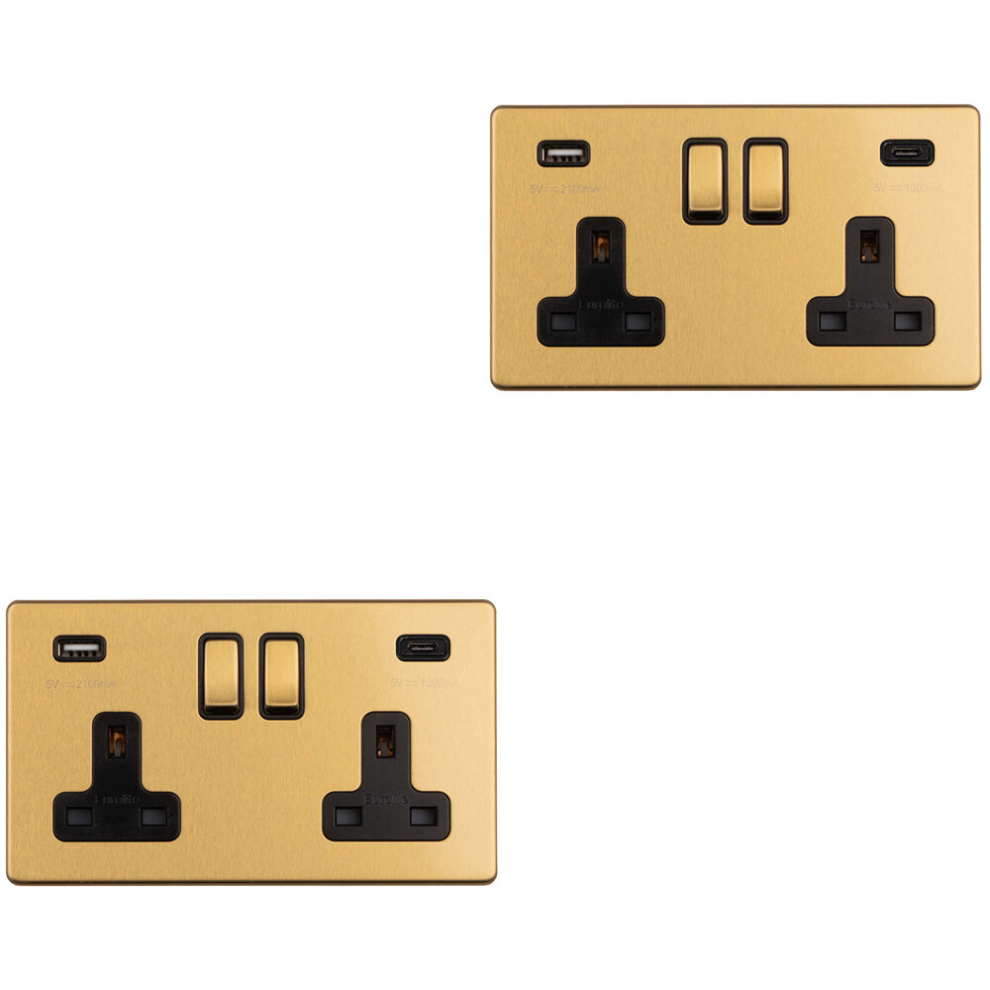 2 PACK 2 Gang Double 13A UK Plug Socket & 2x 3.1A USB-C SCREWLESS SATIN BRASS