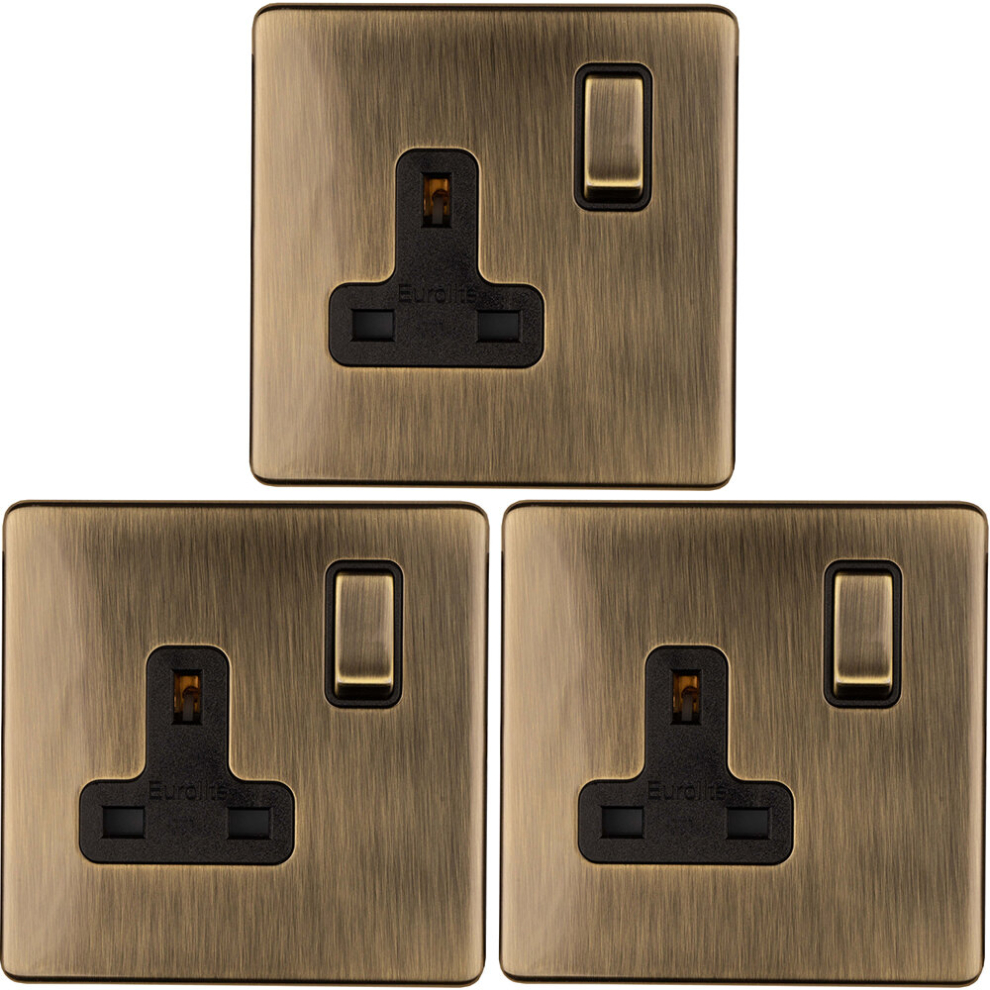 Loops 3 Pack 1 Gang Dp 13A Switched Uk Plug Socket Screwless Antique Brass Wall Power