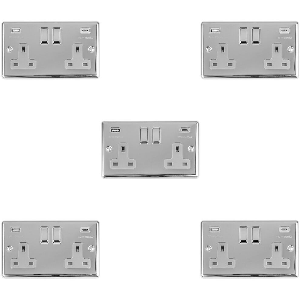 5 PACK 2 Gang UK Plug Socket & Dual 3.1A USB-C & A CHROME & GREY 13A Switched