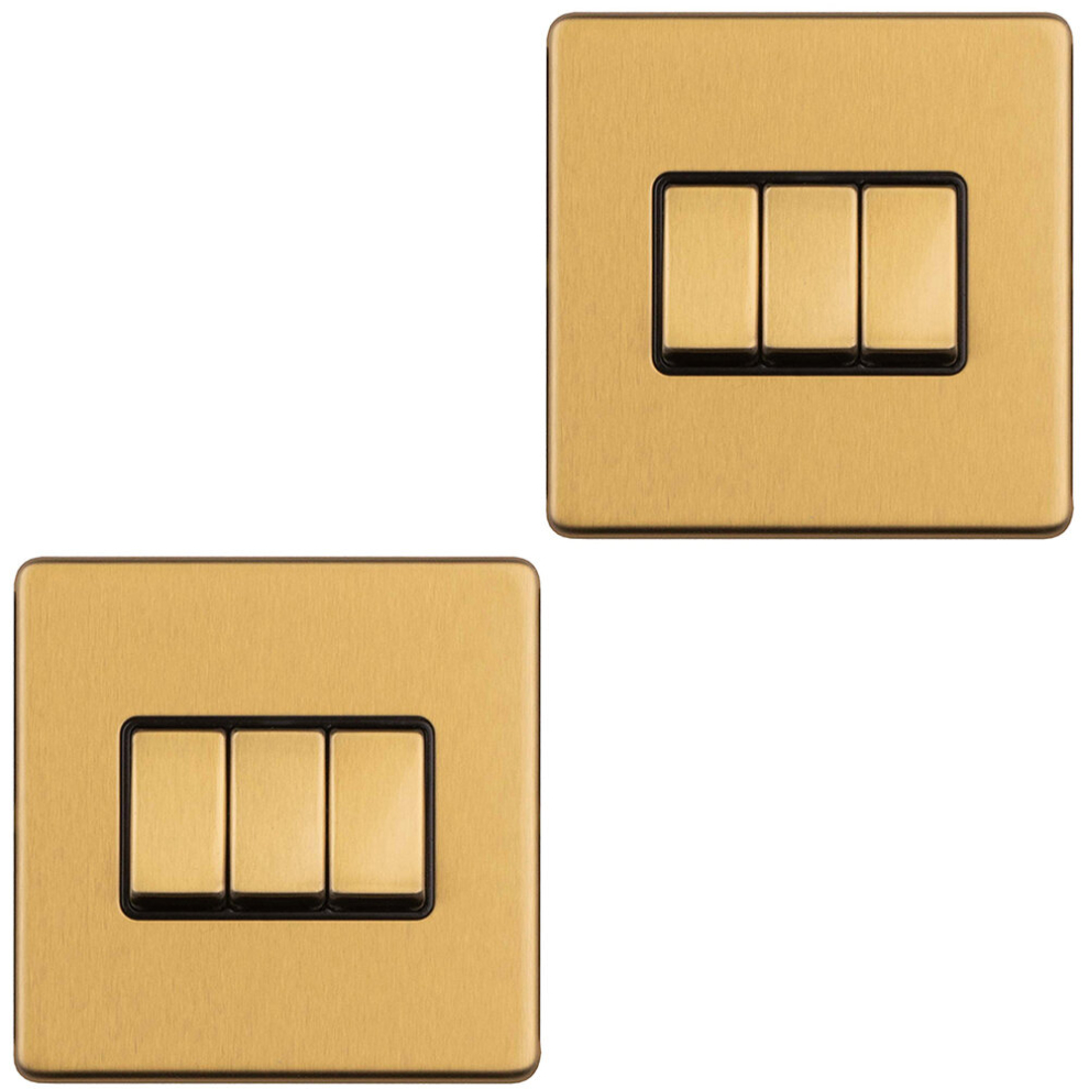 2 Pack 3 Gang Triple Light Switch Screwless Satin Brass 2 Way 10A Slim Rocker - Image 2