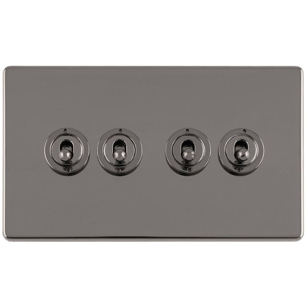 4 Gang Quad Retro Toggle Light Switch SCREWLESS BLACK NICKEL 10A 2 Way Lever