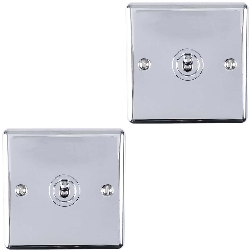 2 PACK 1 Gang Single Retro Toggle Light Switch POLISHED CHROME 10A 2 Way Plate