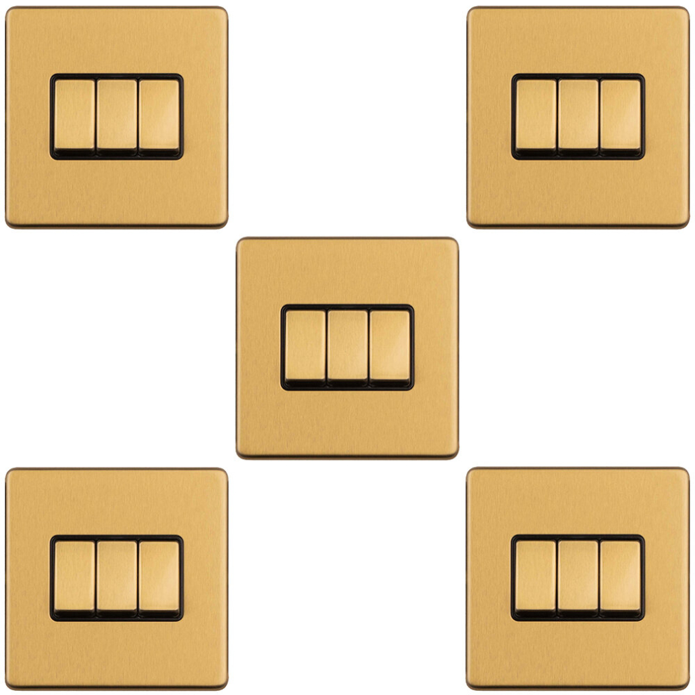 5 PACK 3 Gang Triple Light Switch SCREWLESS SATIN BRASS 2 Way 10A Slim Rocker