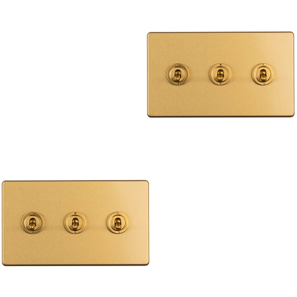 2 PACK 3 Gang Triple Retro Toggle Light Switch SCREWLESS SATIN BRASS 10A 2 Way