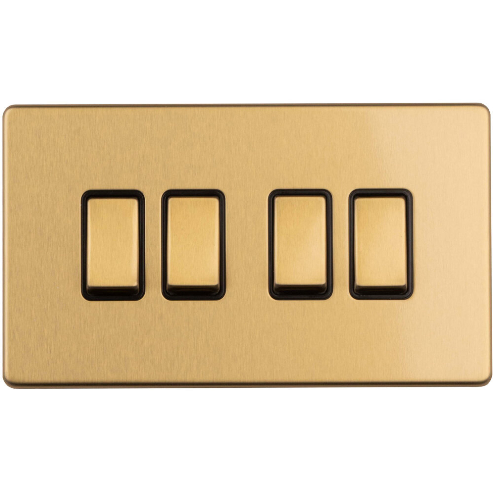 4 Gang Quad Light Switch SCREWLESS SATIN BRASS 2 Way 10A Metal Rocker Slim