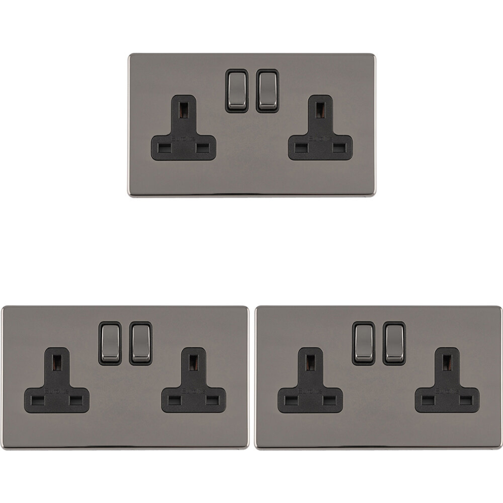 3 PACK 2 Gang DP 13A Switched UK Plug Socket SCREWLESS BLACK NICKEL Wall Power