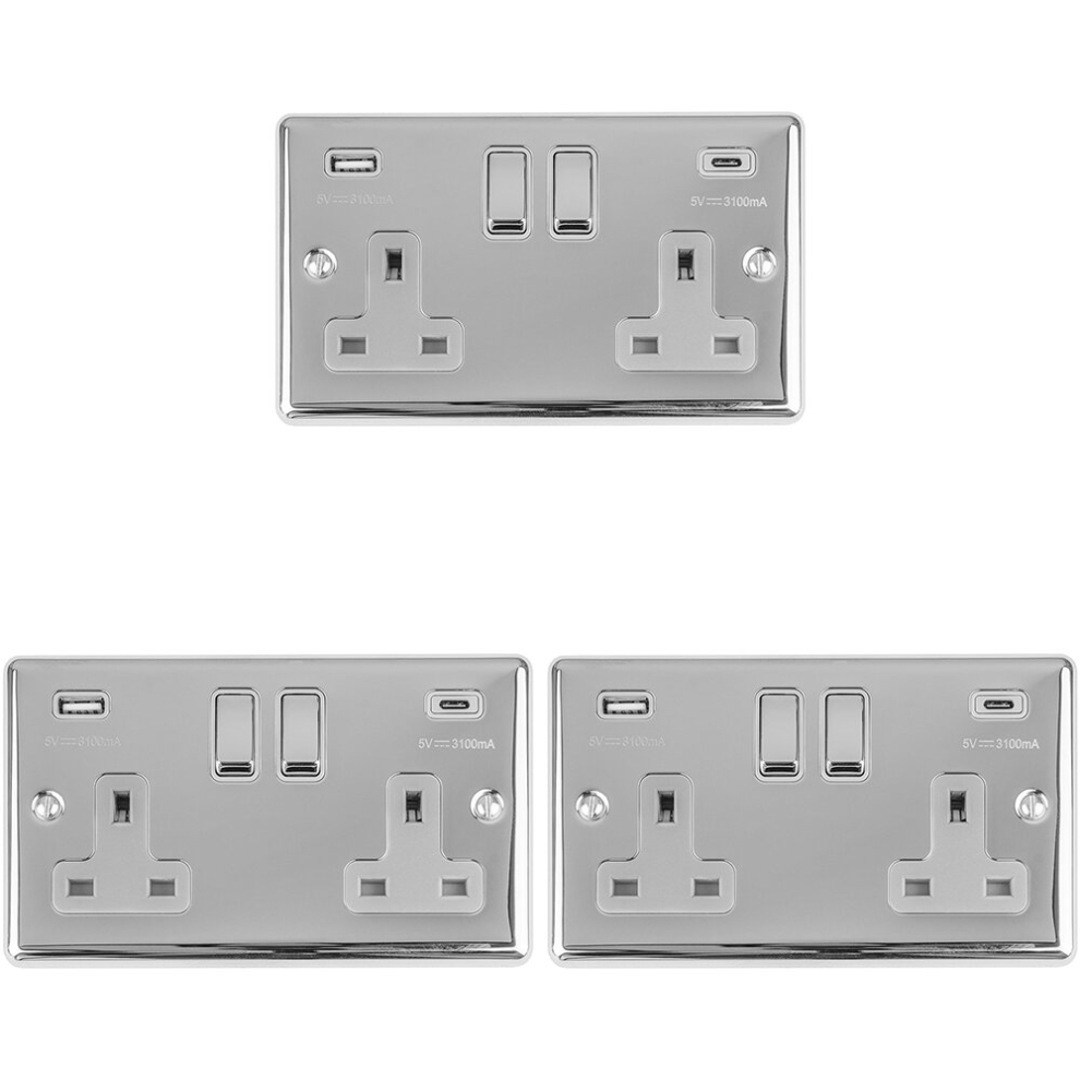 3 PACK 2 Gang UK Plug Socket & Dual 3.1A USB-C & A CHROME & GREY 13A Switched