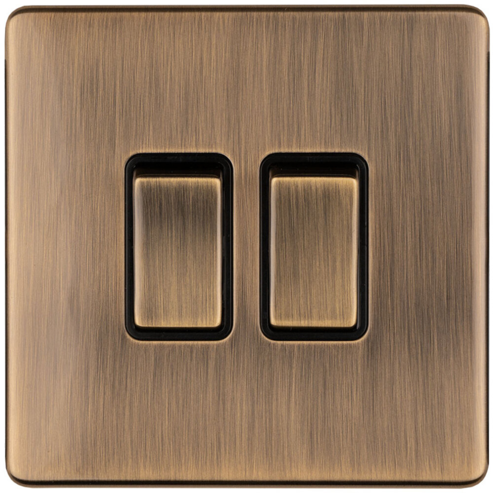 Loops Light 2 Gang Double Switch Screwless Antique Brass 2 Way 10A Metal Rocker Slim - Decorative Kitchen Living Room Bedroom Plate - Image 2