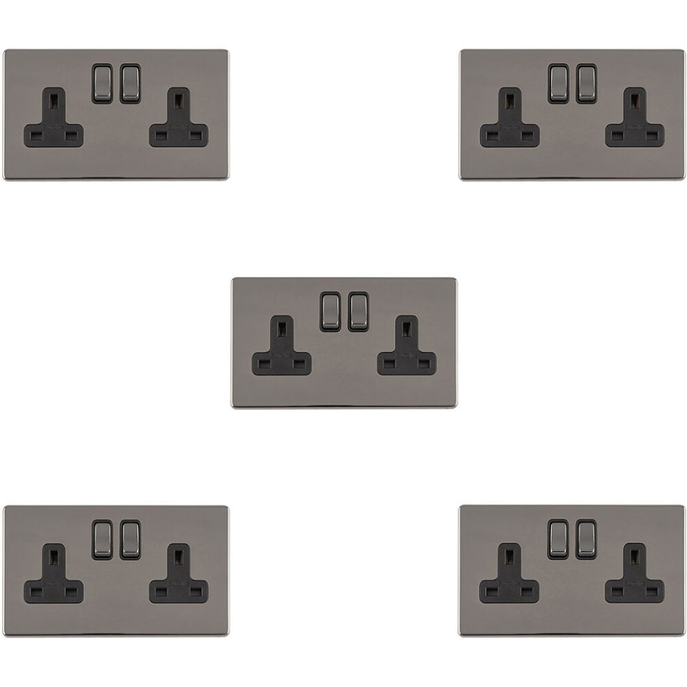 5 PACK 2 Gang DP 13A Switched UK Plug Socket SCREWLESS BLACK NICKEL Wall Power