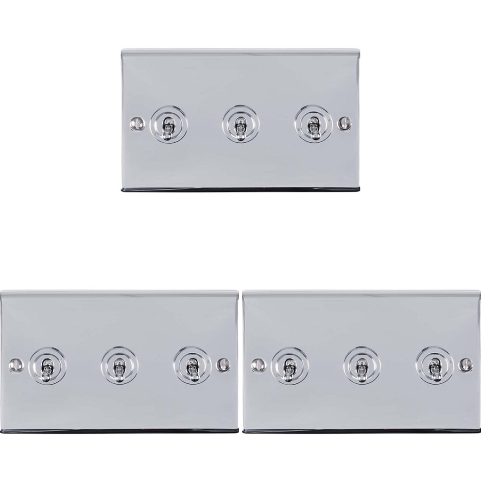 3 PACK 3 Gang Triple Retro Toggle Light Switch POLISHED CHROME 10A 2 Way Plate