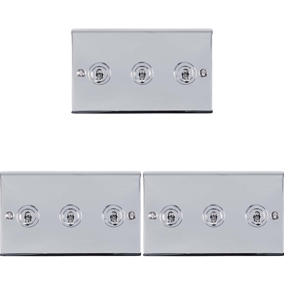 Loops 3 Pack 3 Gang Triple Retro Toggle Light Switch Polished Chrome 10A 2 Way Plate