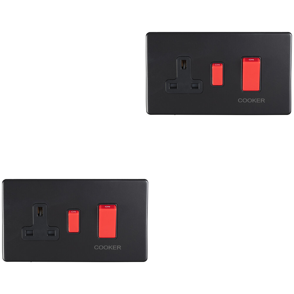 2 PACK 45A DP Oven Cooker Switch & 13A Switched Socket SCREWLESS MATT BLACK-image-OPC-PDC6BDT-NEW