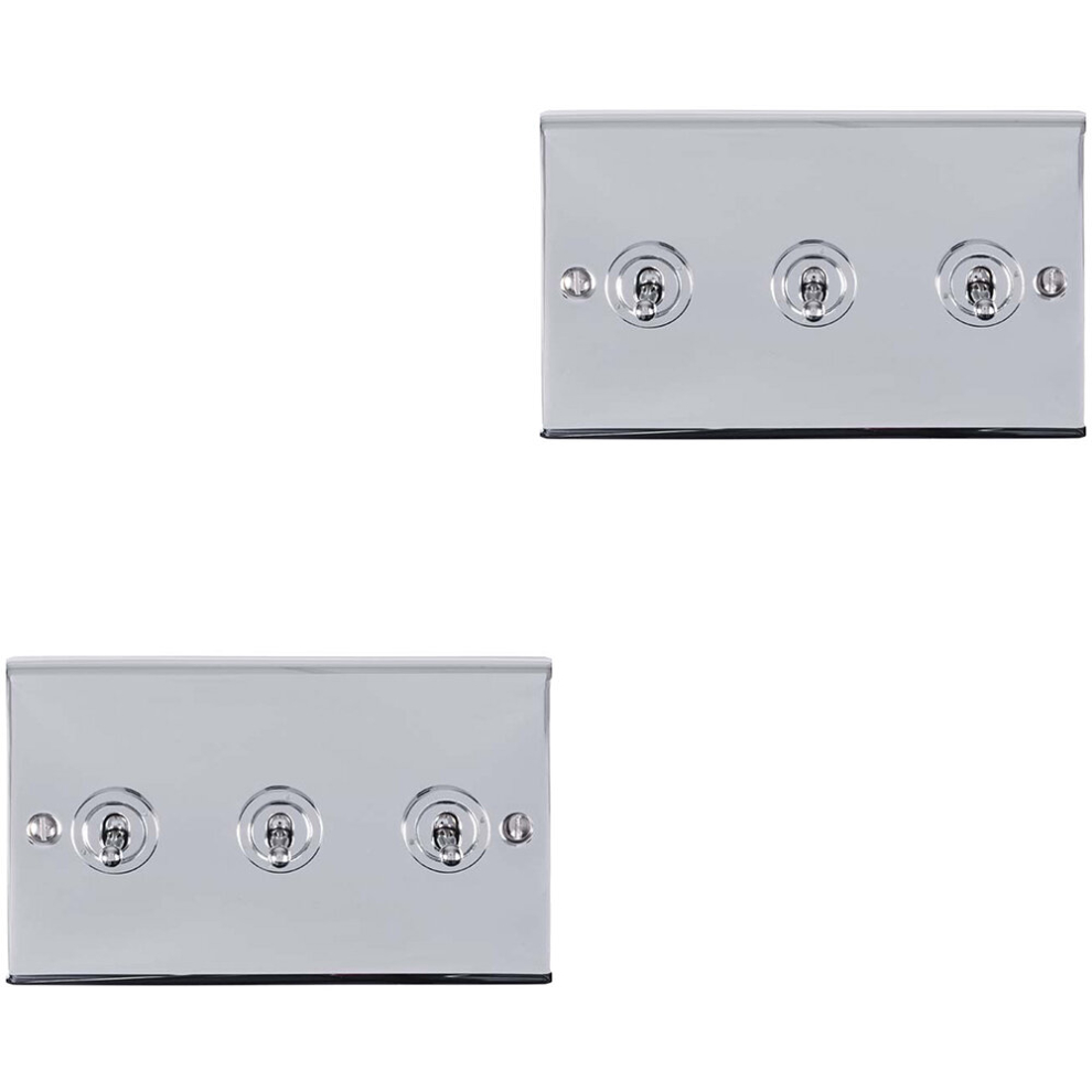 2 PACK 3 Gang Triple Retro Toggle Light Switch POLISHED CHROME 10A 2 Way Plate