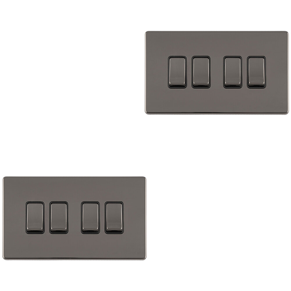 2 PACK 4 Gang Quad Light Switch SCREWLESS BLACK NICKEL 2 Way 10A Slim Rocker