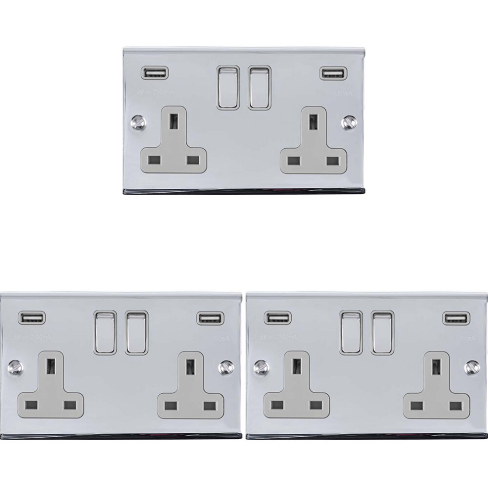 3 PACK 2 Gang Double UK Plug Socket & 2.1A USB-A CHROME & GREY 13A Switched