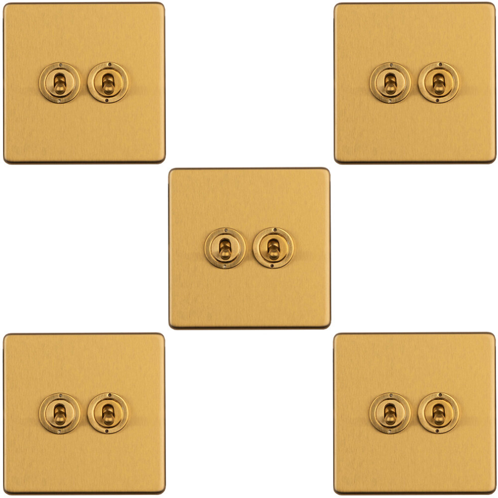 5 PACK 2 Gang Double Retro Toggle Light Switch SCREWLESS SATIN BRASS 10A 2 Way