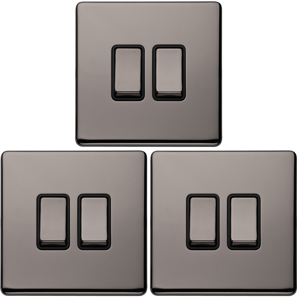 Loops 3 Pack 2 Gang Single Light Switch Screwless Black Nickel 2 Way 10A Slim Rocker
