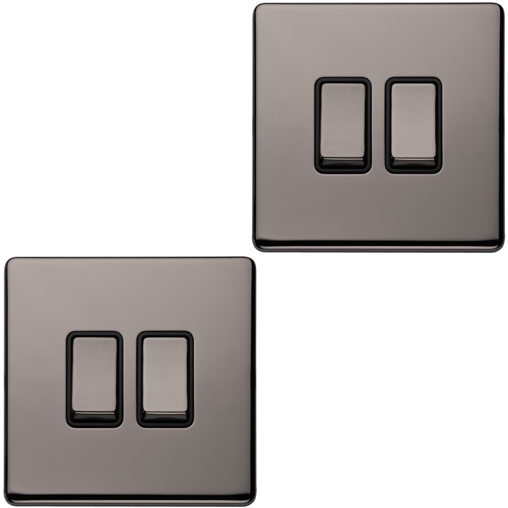 2 PACK 2 Gang Single Light Switch SCREWLESS BLACK NICKEL 2 Way 10A Slim Rocker