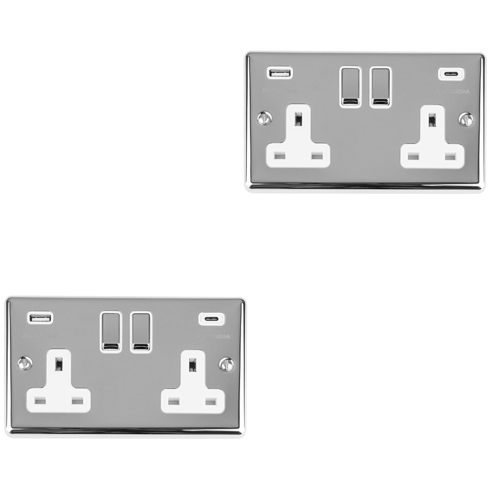 2 PACK 2 Gang UK Plug Socket & Dual 3.1A USB-C & A CHROME & WHITE 13A Switched