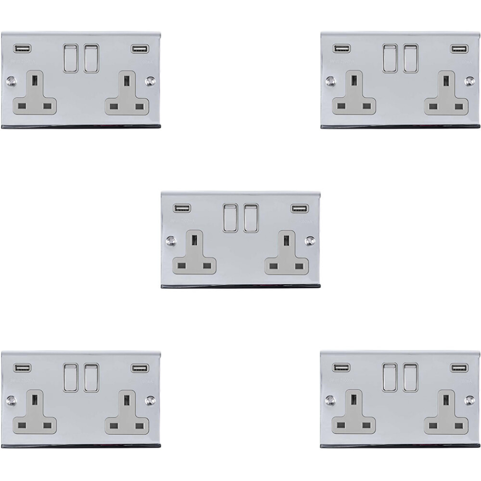 5 PACK 2 Gang Double UK Plug Socket & 2.1A USB-A CHROME & GREY 13A Switched