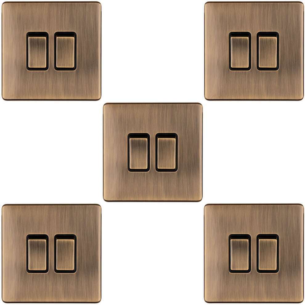 5 PACK 2 Gang Double Light Switch SCREWLESS ANTIQUE BRASS 2 Way 10A Slim Rocker