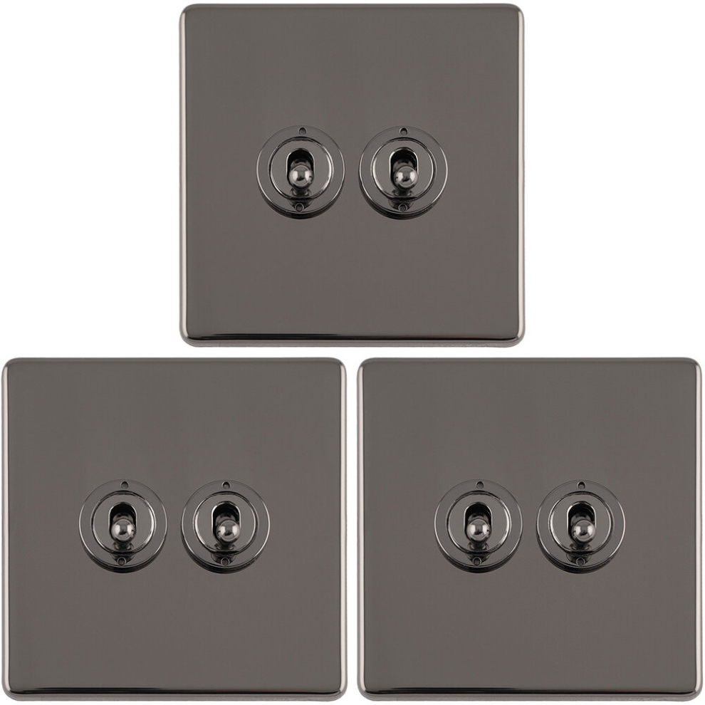 3 PACK 2 Gang Double Retro Toggle Light Switch SCREWLESS BLACK NICKEL 10A 2 Way
