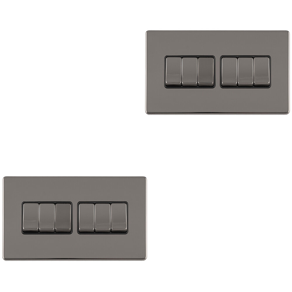 2 PACK 6 Gang Multi Light Switch SCREWLESS BLACK NICKEL 2 Way 10A Slim Rocker