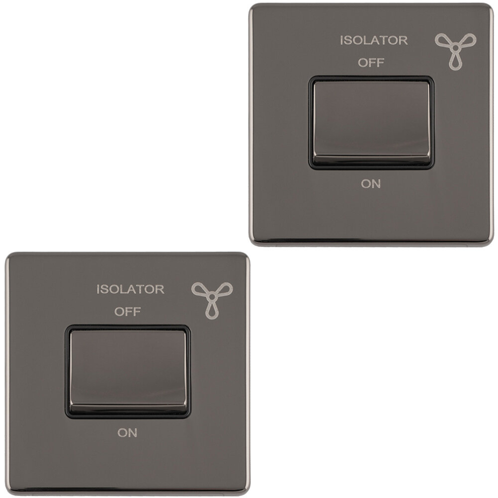 2 PACK SCREWLESS 6A Extractor Fan Isolator Switch BLACK NICKEL 3 Pole Shower