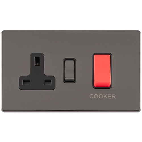 Loops 45A DP Oven Cooker Switch & Single 13A Switched Socket SCREWLESS BLACK NICKEL