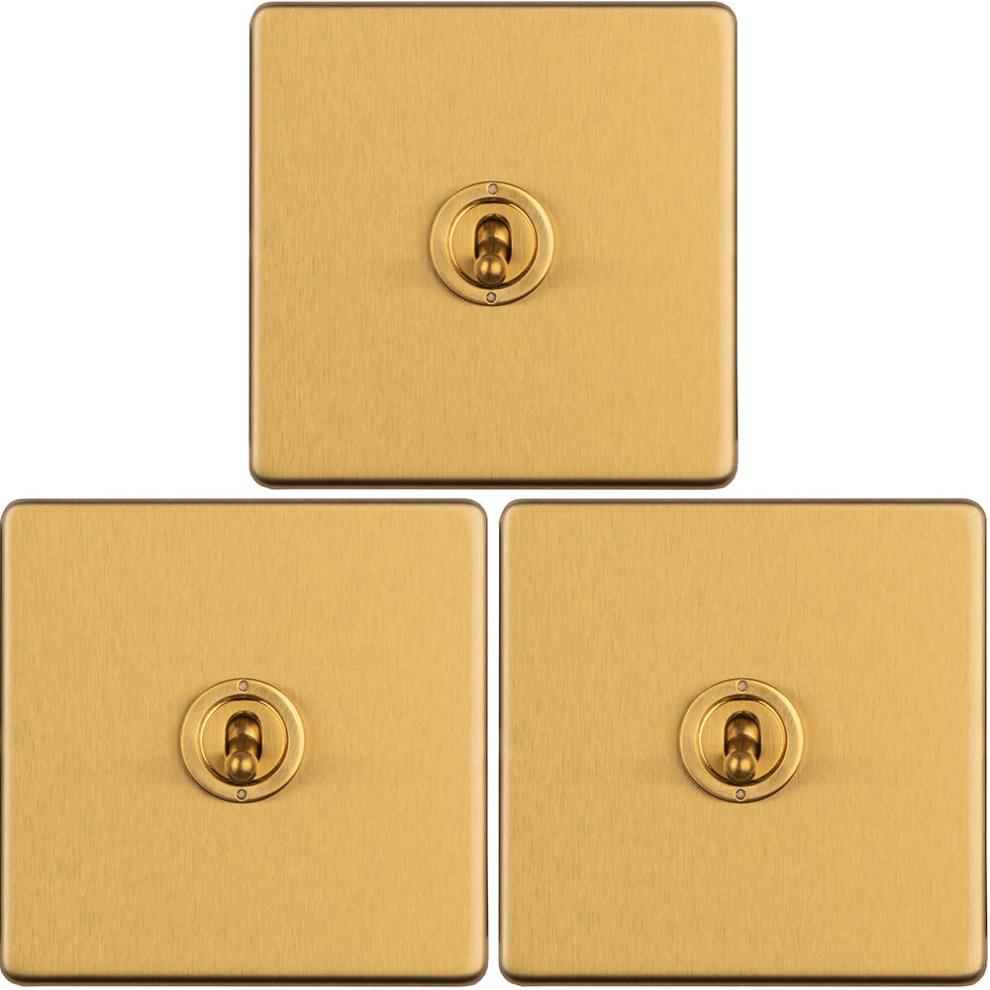 3 PACK 1 Gang Single Retro Toggle Light Switch SCREWLESS SATIN BRASS 10A 2 Way