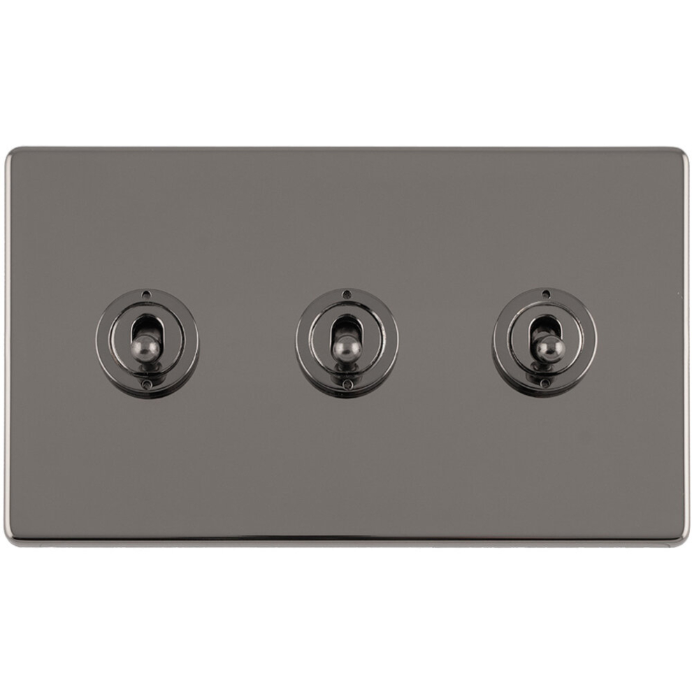 3 Gang Triple Retro Toggle Light Switch Screwless Black Nickel 10A 2 Way Lever 5056581977472