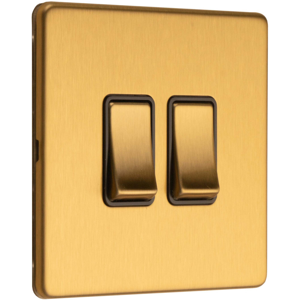 2 Gang Double Light Switch SCREWLESS SATIN BRASS 2 Way 10A Metal Rocker Slim