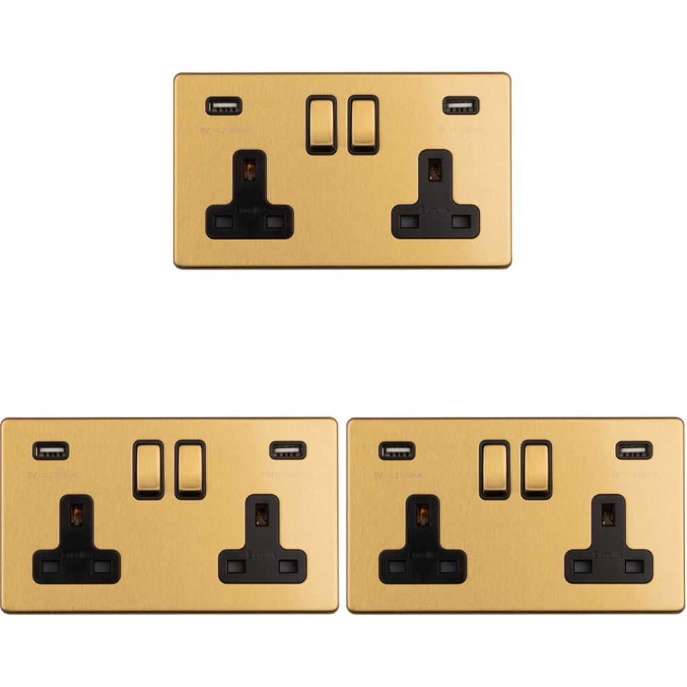 3 PACK 2 Gang Double 13A UK Plug Socket & 2.1A USB-A SCREWLESS SATIN BRASS