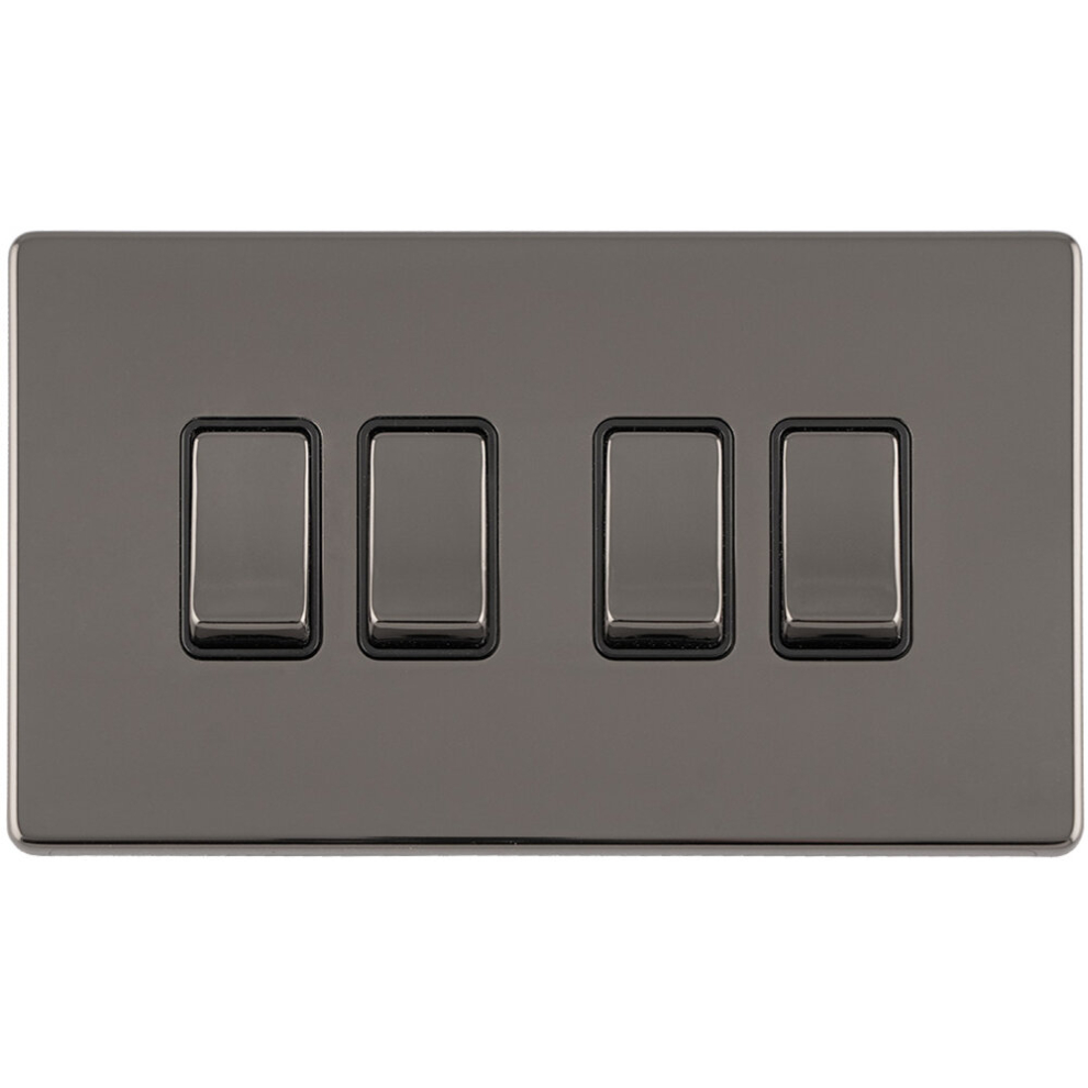 4 Gang Quad Light Switch SCREWLESS BLACK NICKEL 2 Way 10A Metal Rocker Slim