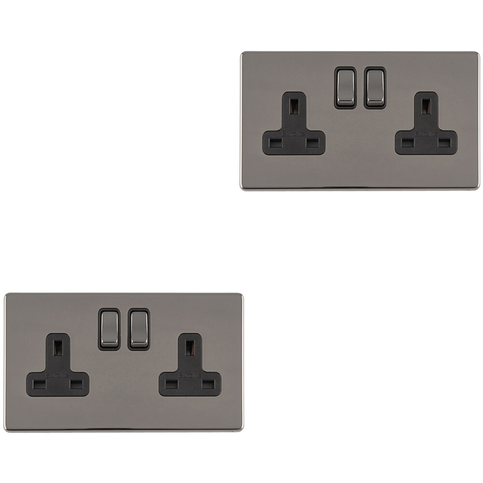 2 PACK 2 Gang DP 13A Switched UK Plug Socket SCREWLESS BLACK NICKEL Wall Power