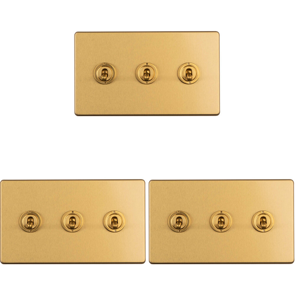 3 Pack 3 Gang Triple Retro Toggle Light Switch Screwless Satin Brass 10A 2 Way 5056581973719