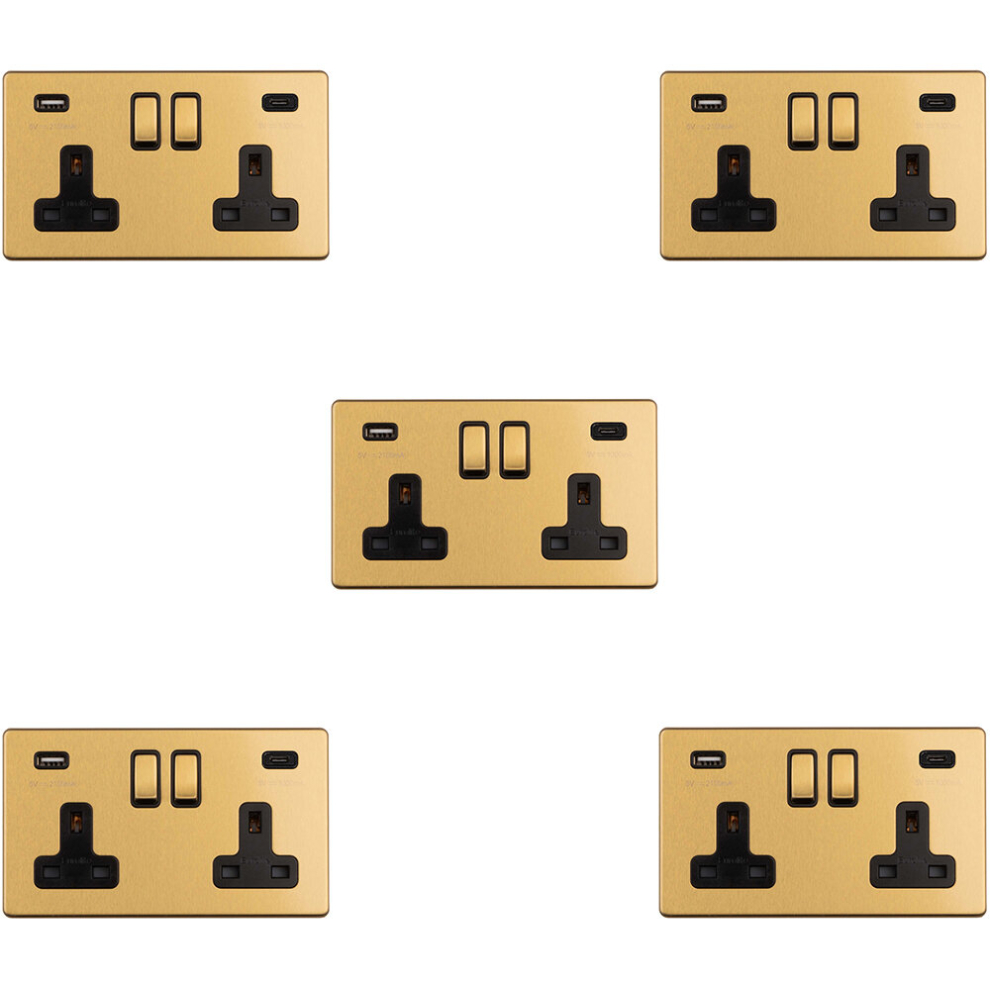 5 PACK 2 Gang Double 13A UK Plug Socket & 2x 3.1A USB-C SCREWLESS SATIN BRASS