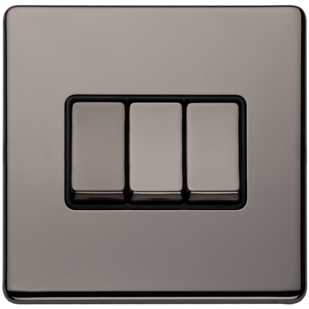 Loops 3 Gang Triple Light Switch Screwless Black Nickel 2 Way 10A Metal Rocker Slim